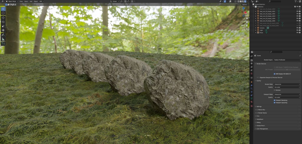 Viewport rendering with RPR - Interactive in Blender, including displacement.